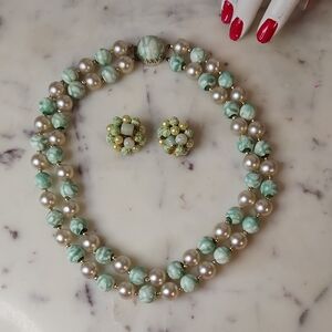 Vintage | Hong Kong Pearl and Green Bead Necklace Set 1960's